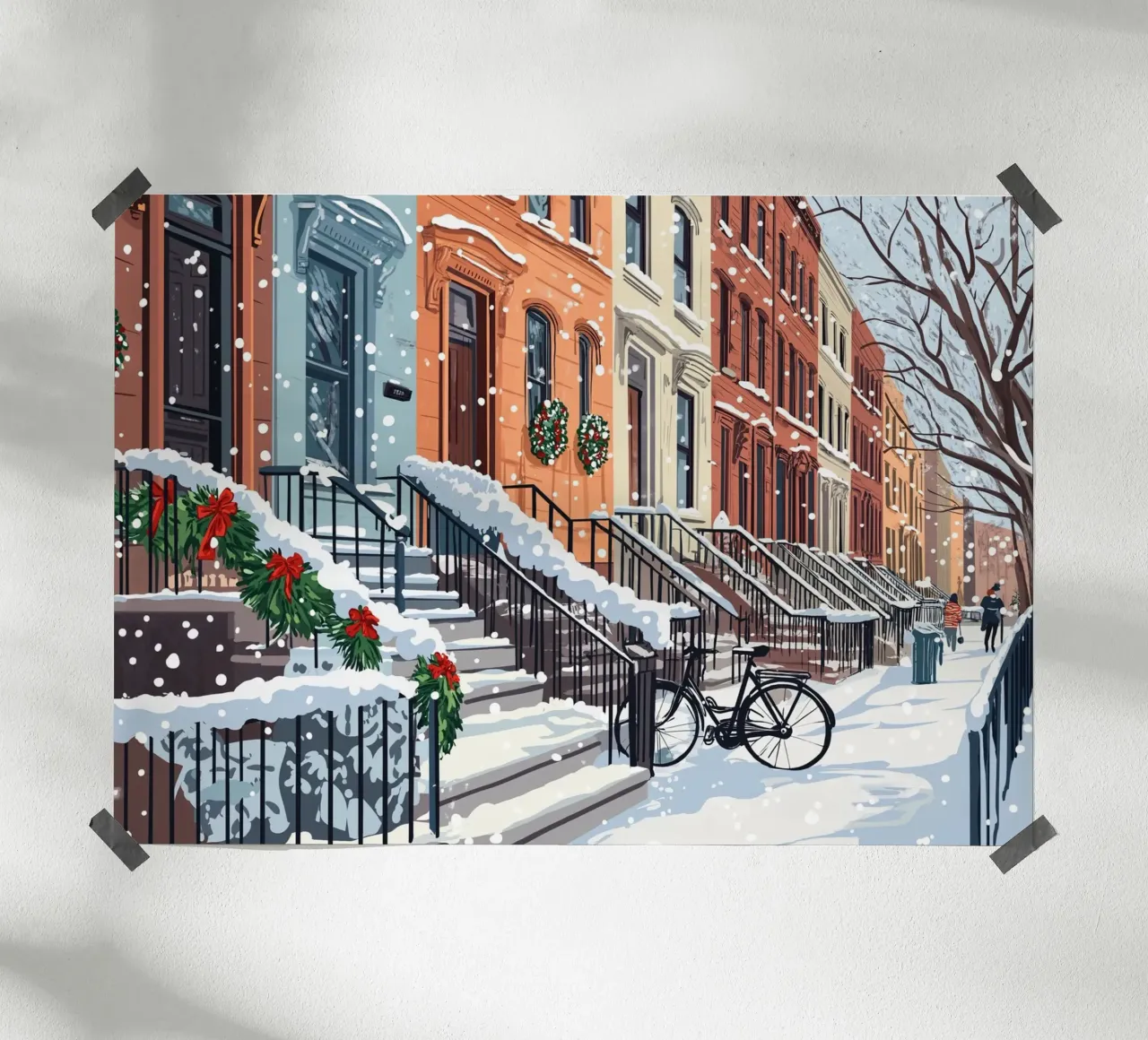 Festliche Brownstone Stoops - Verschneite Weihnachtsszene in der Stadt Poster von ClubArt