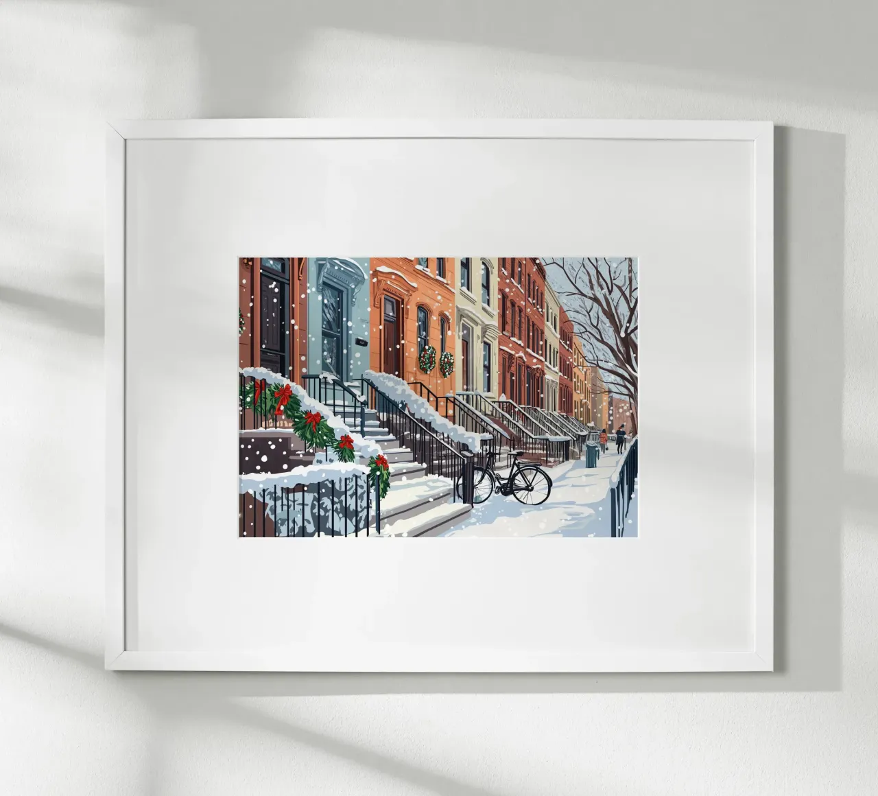 Festliche Brownstone Stoops - Verschneite Weihnachtsszene in der Stadt Poster von ClubArt