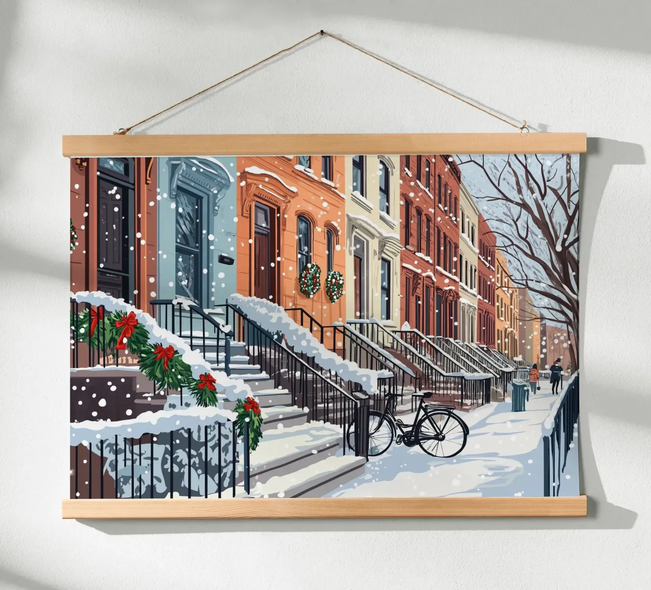 Festliche Brownstone Stoops - Verschneite Weihnachtsszene in der Stadt Poster von ClubArt