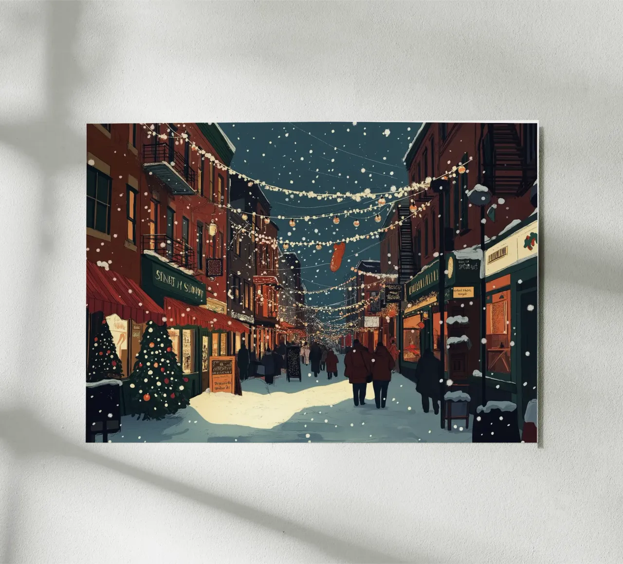 Strada innevata - Scena della città con luci natalizie alluminio dibond da ClubArt