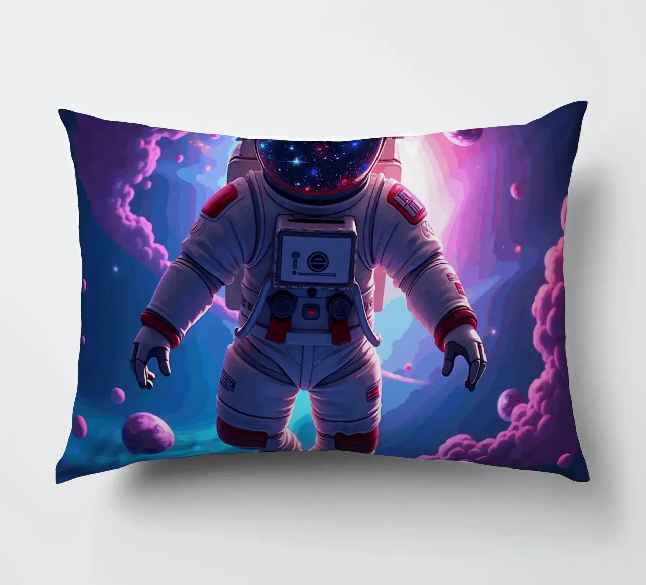 Astronauta psichedelico che fluttua in una galassia al neon cuscino da artdesign1985