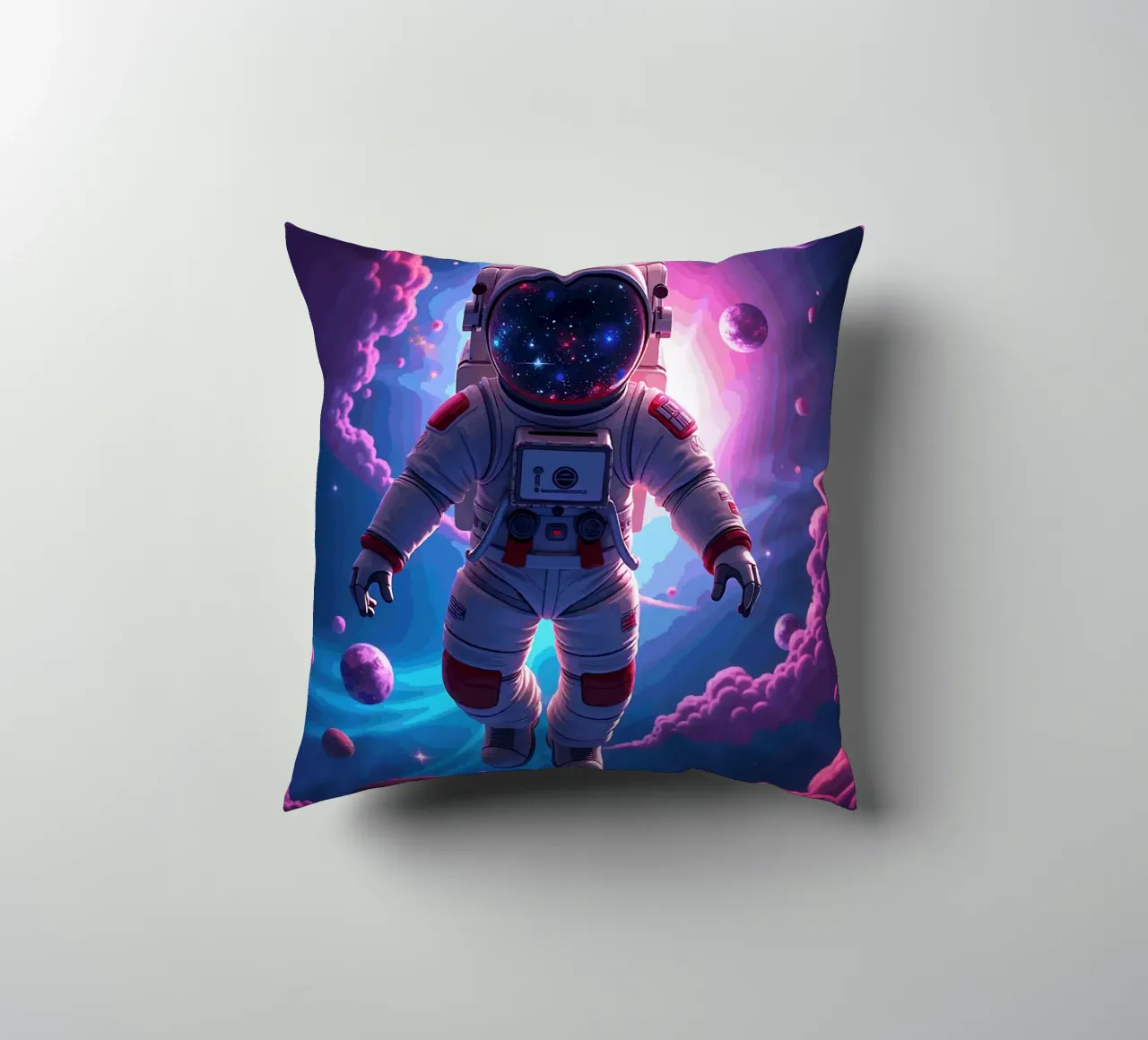 Astronauta psichedelico che fluttua in una galassia al neon cuscino da artdesign1985