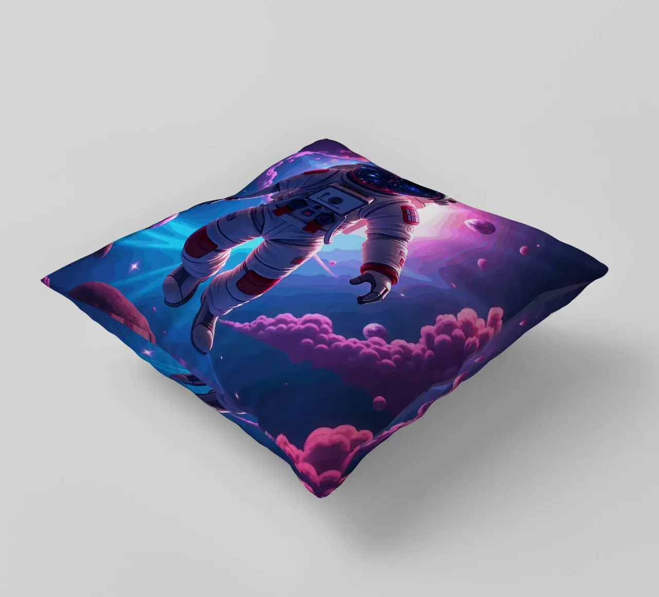 Astronauta psichedelico che fluttua in una galassia al neon cuscino da artdesign1985