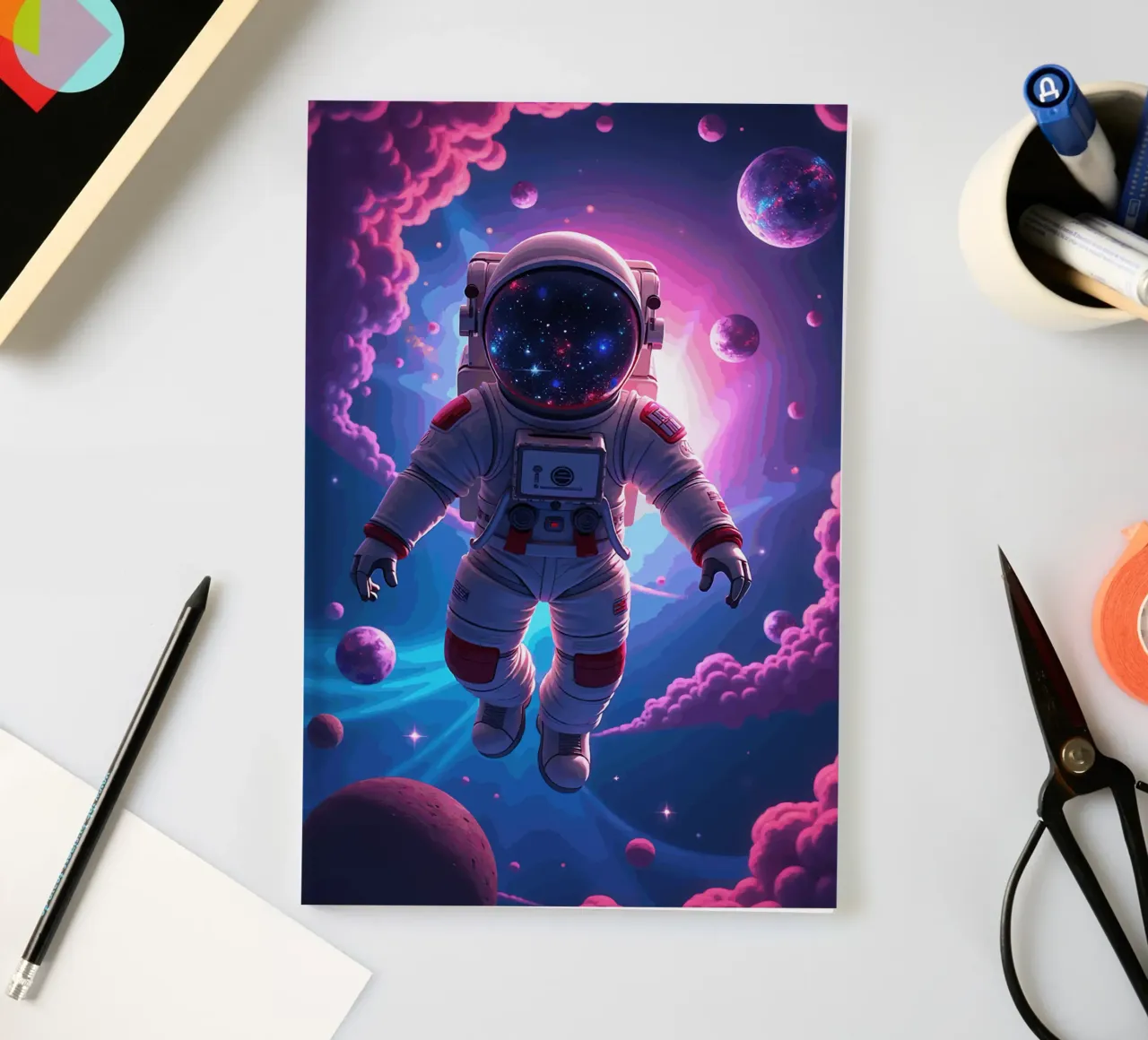Psychedelic Astronaut Floating in a Neon Galaxy notebook by artdesign1985
