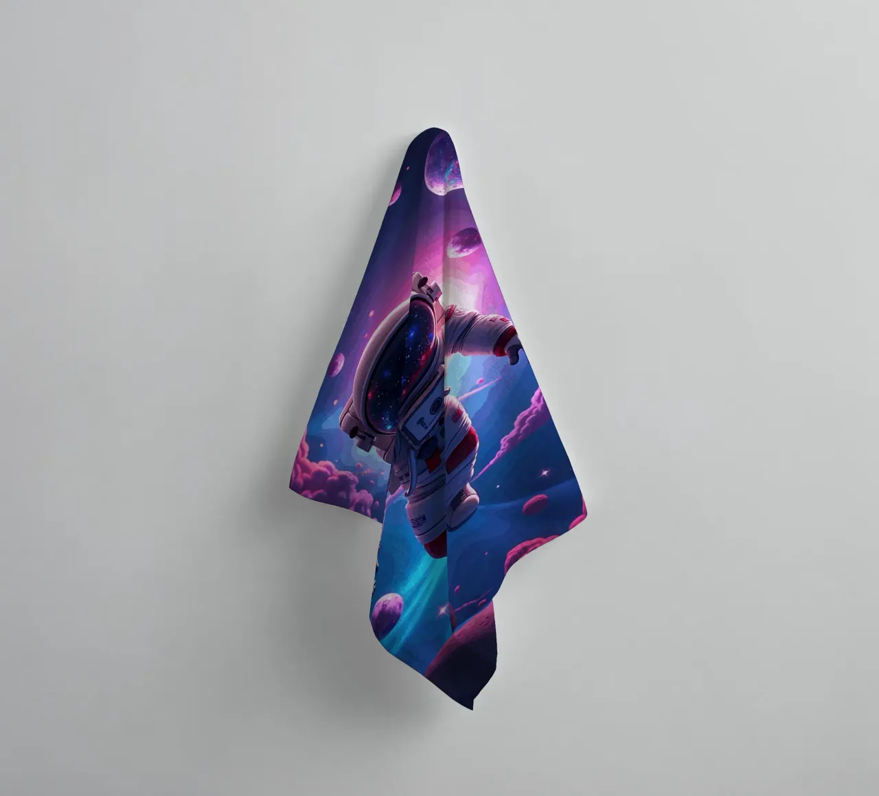 Psychedelic Astronaut Floating in a Neon Galaxy towel by artdesign1985