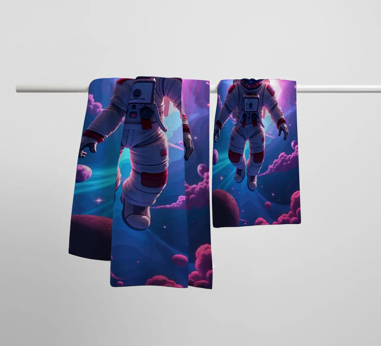Psychedelic Astronaut Floating in a Neon Galaxy towel by artdesign1985