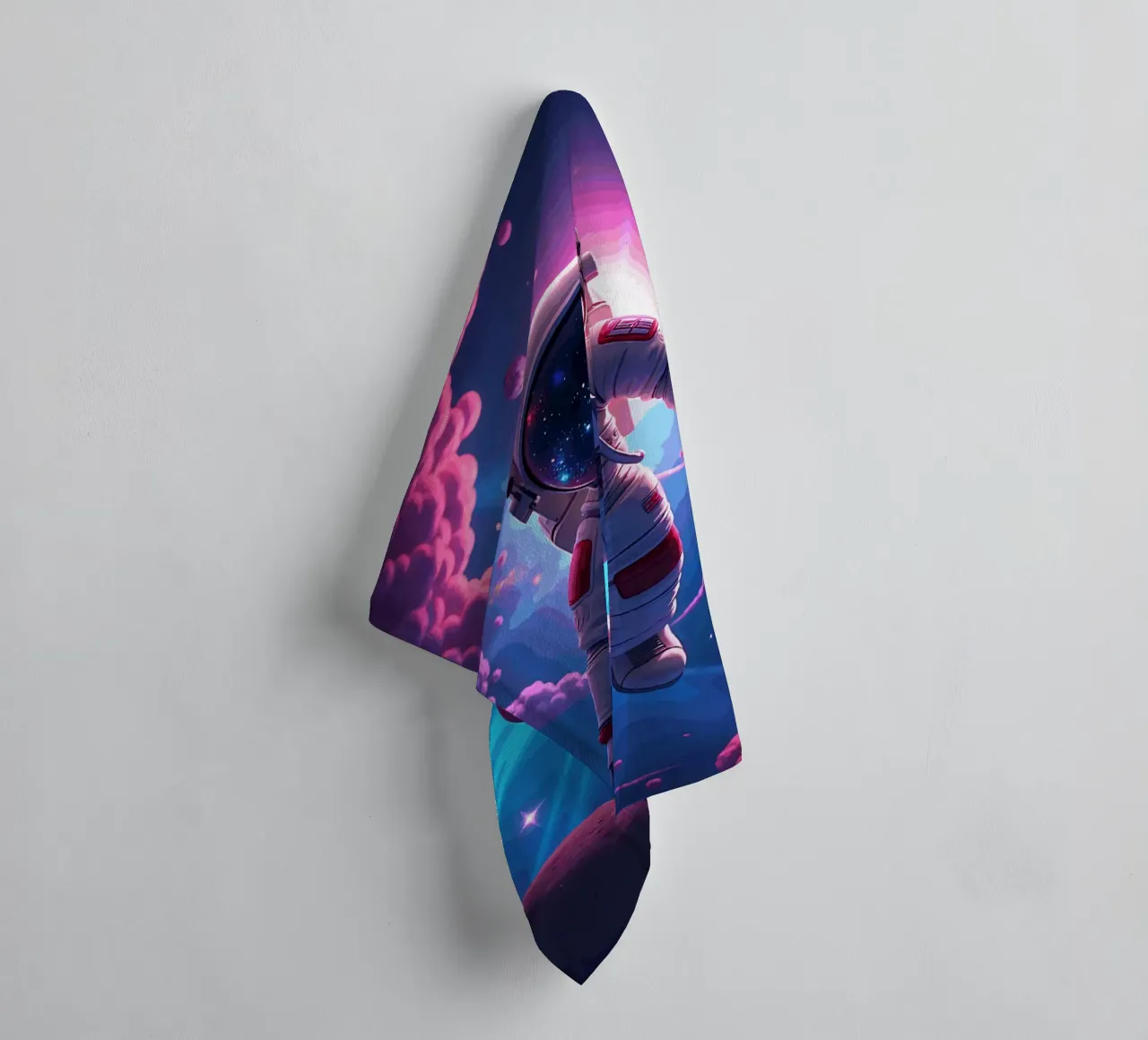 Psychedelic Astronaut Floating in a Neon Galaxy towel by artdesign1985