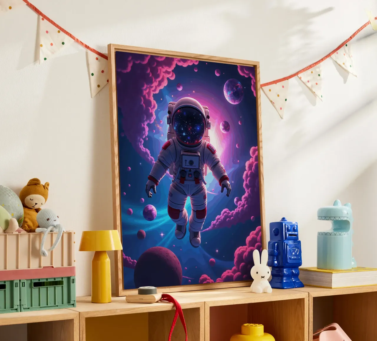Astronauta psichedelico che fluttua in una galassia al neon plexiglass da artdesign1985