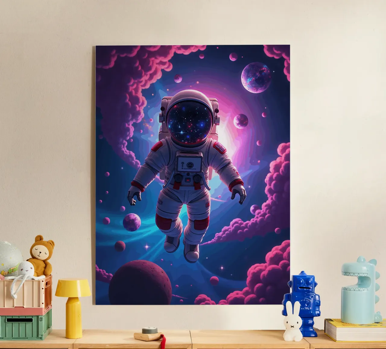 Astronauta psichedelico che fluttua in una galassia al neon plexiglass da artdesign1985