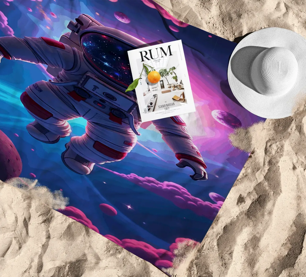 Psychedelic Astronaut Floating in a Neon Galaxy beach towel by artdesign1985