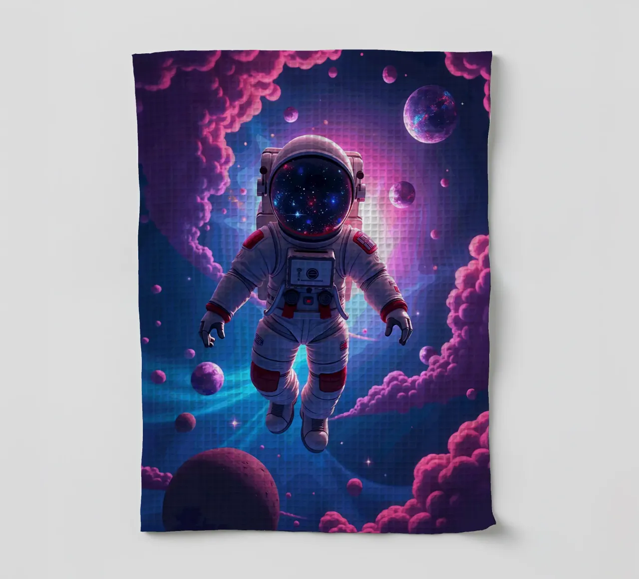 Psychedelischer Astronaut schwebt in einer Neongalaxie Geschirrtuch von artdesign1985