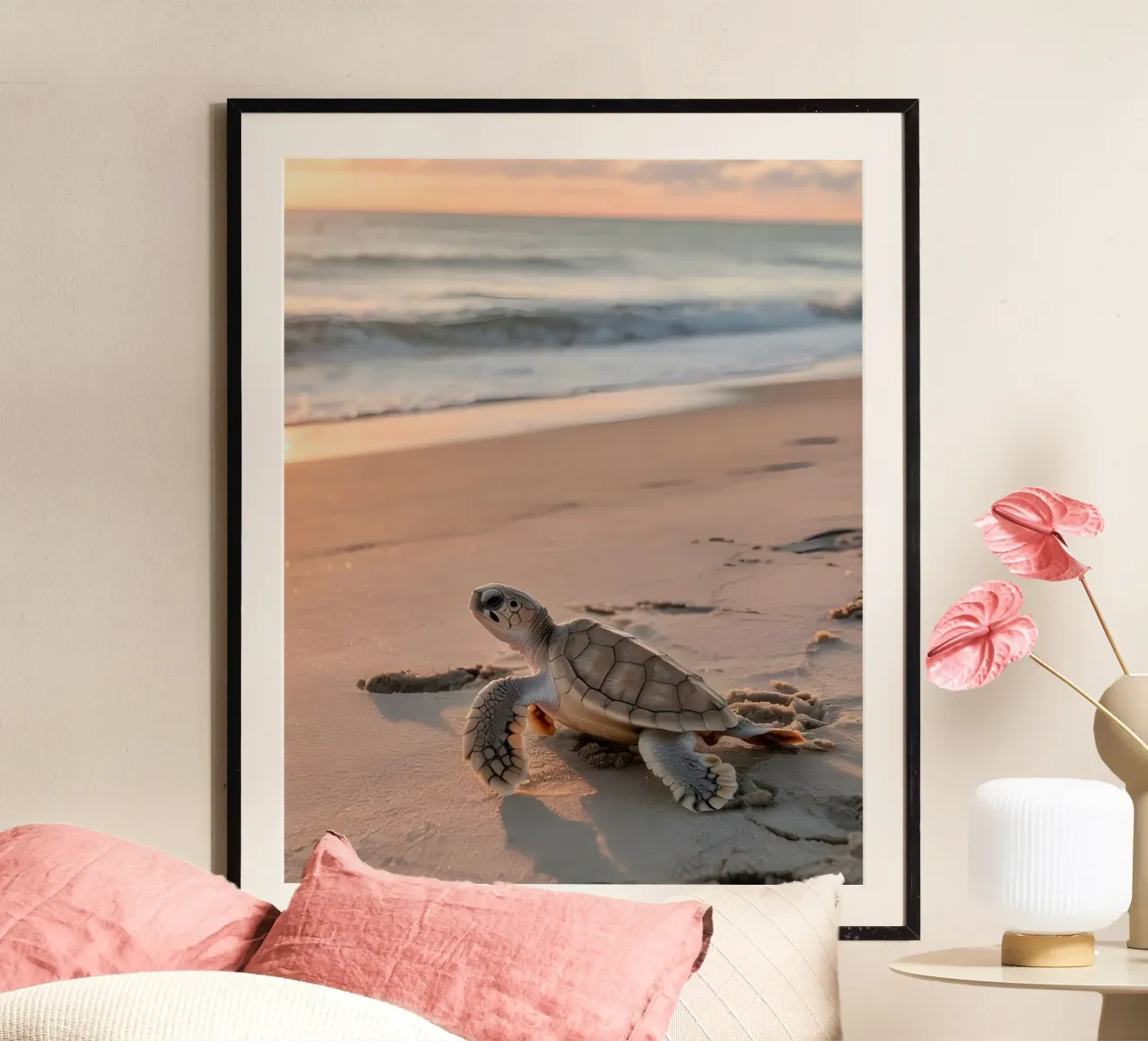 Tartaruga all'alba poster con telaio in alluminio da luxi&lace