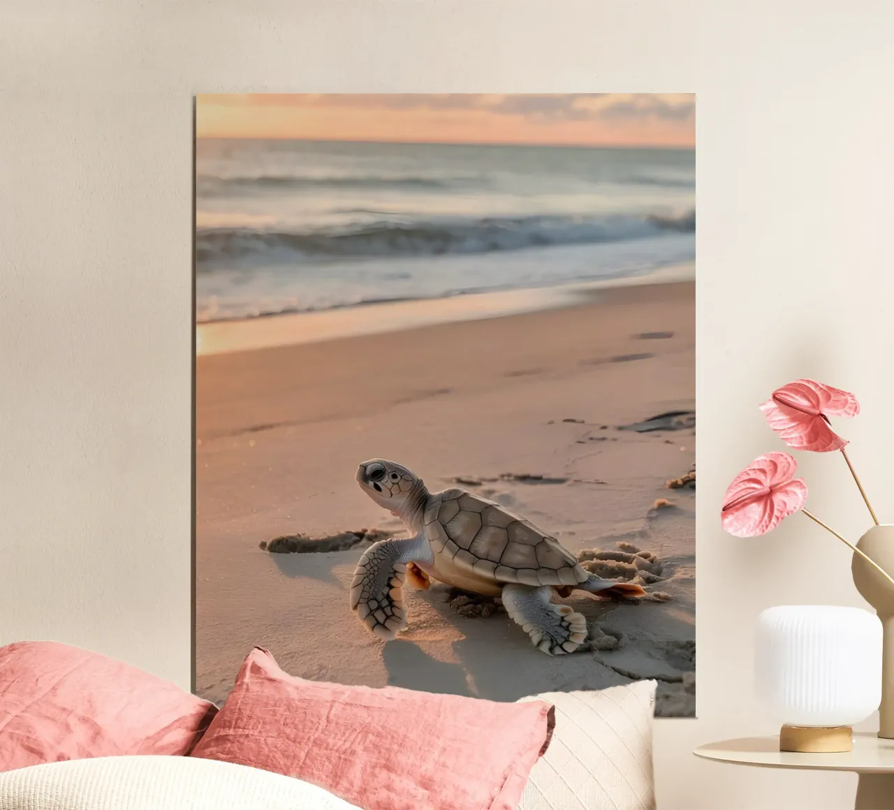Tartaruga all'alba poster con telaio in alluminio da luxi&lace