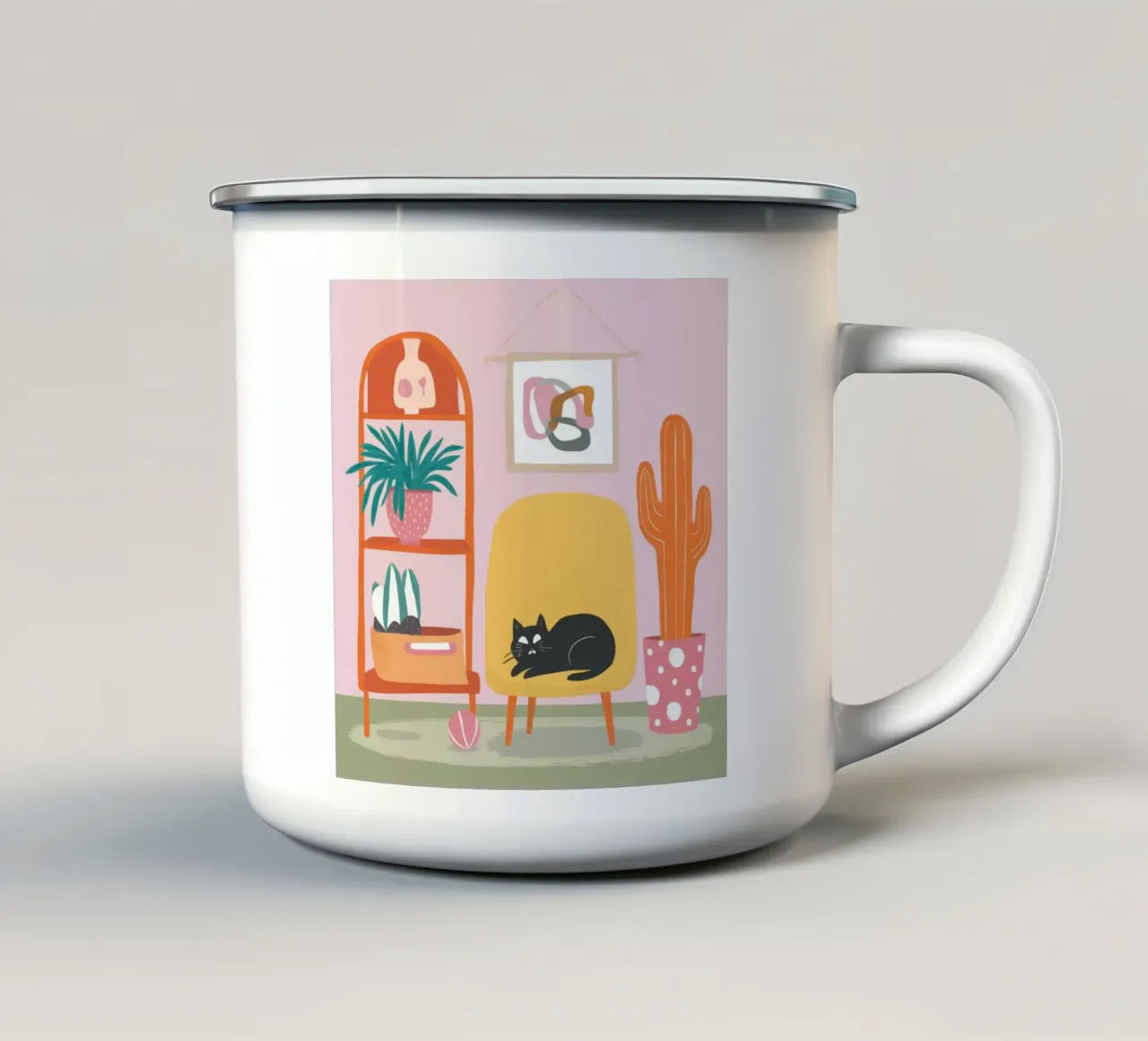 Gatto su sedia gialla tazza in smalto da Hollow Years