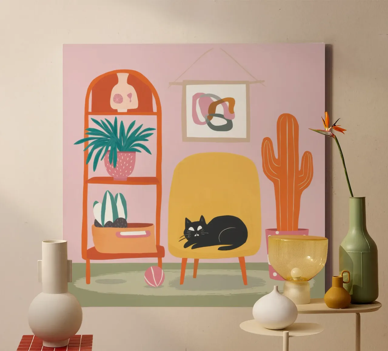 Chat sur une chaise jaune toile avec Caisse américaine de Hollow Years