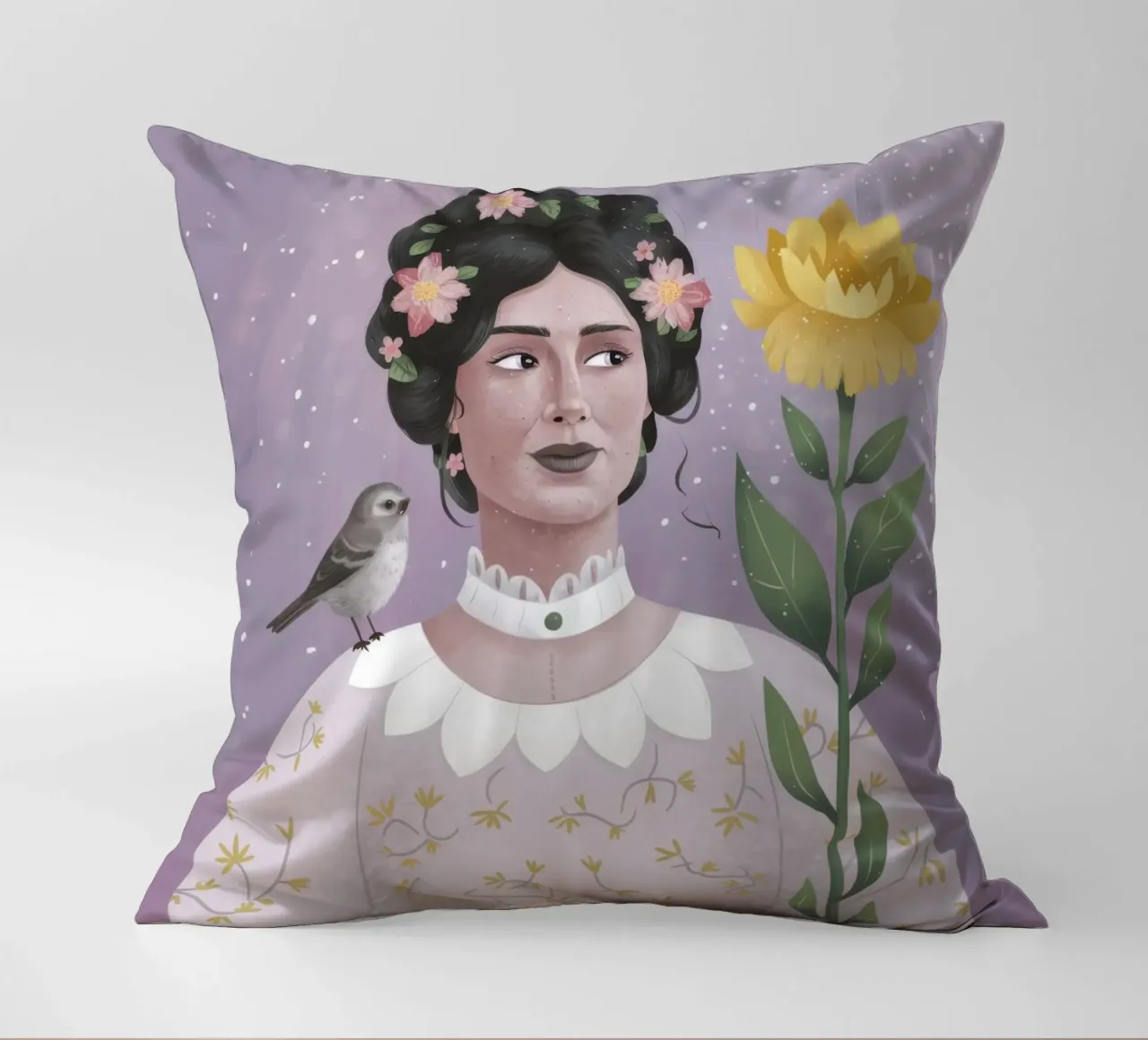 Donna con uccello e fiori cuscino da Hollow Years