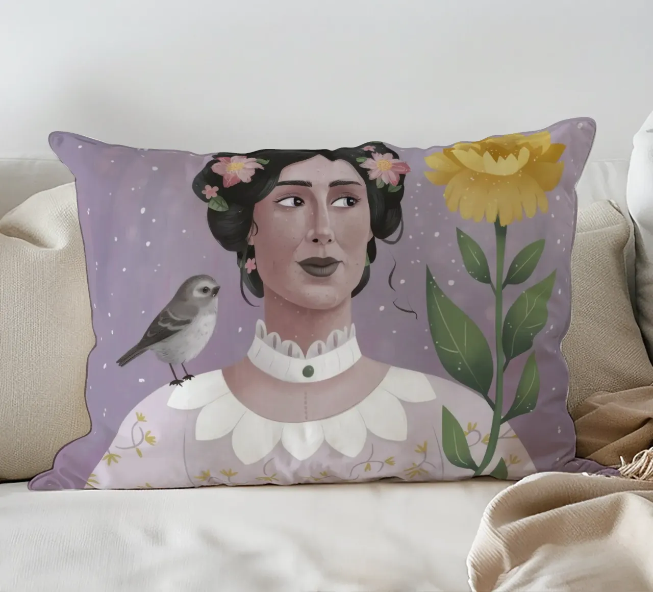 Donna con uccello e fiori cuscino da Hollow Years