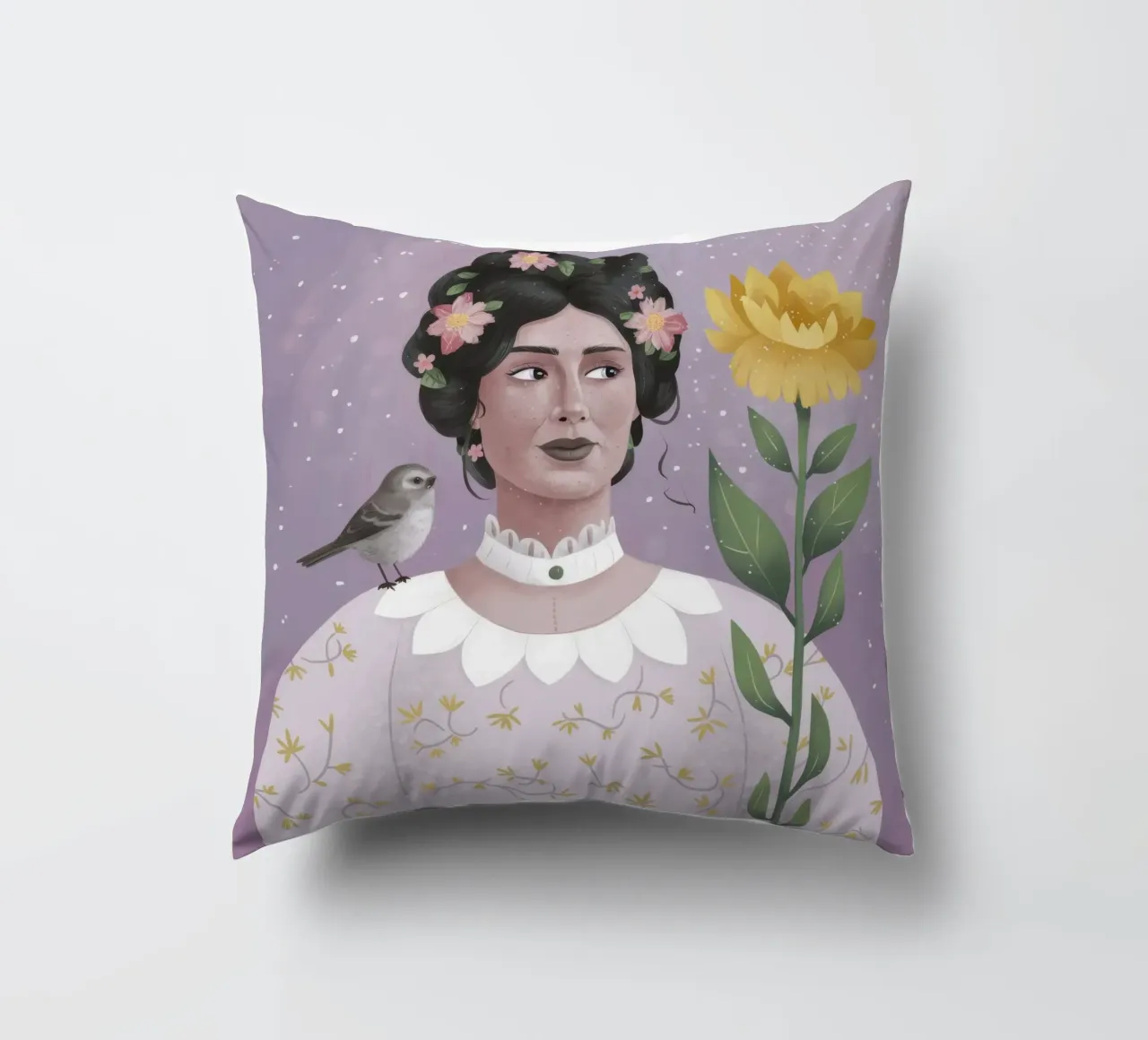 Donna con uccello e fiori cuscino da Hollow Years