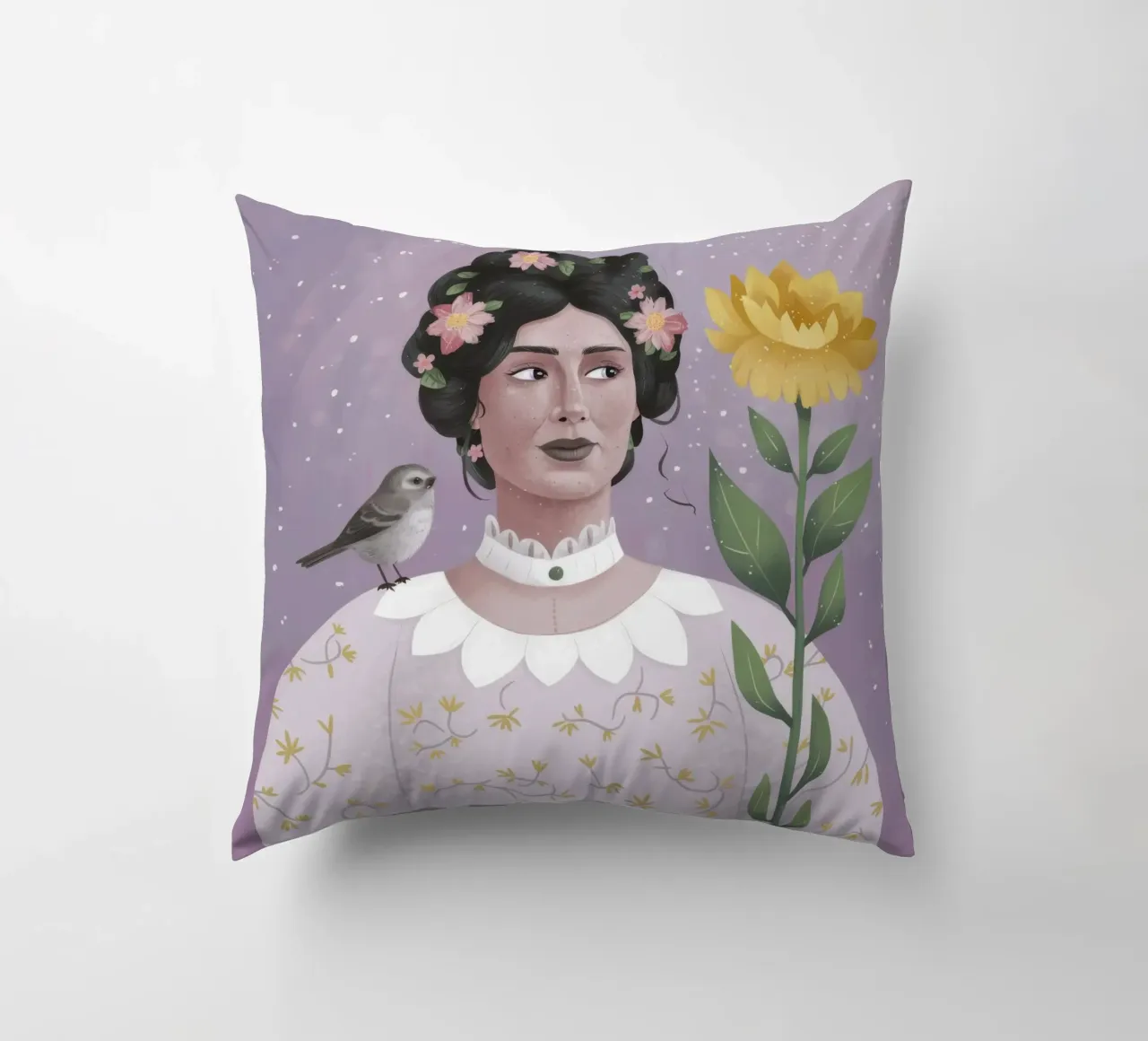 Donna con uccello e fiori cuscino da Hollow Years