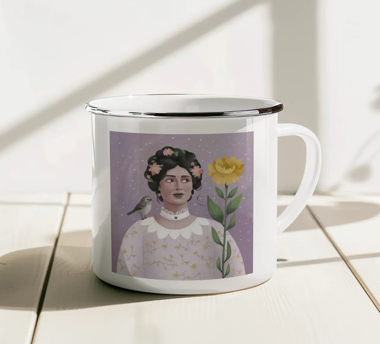 Donna con uccello e fiori tazza in smalto da Hollow Years