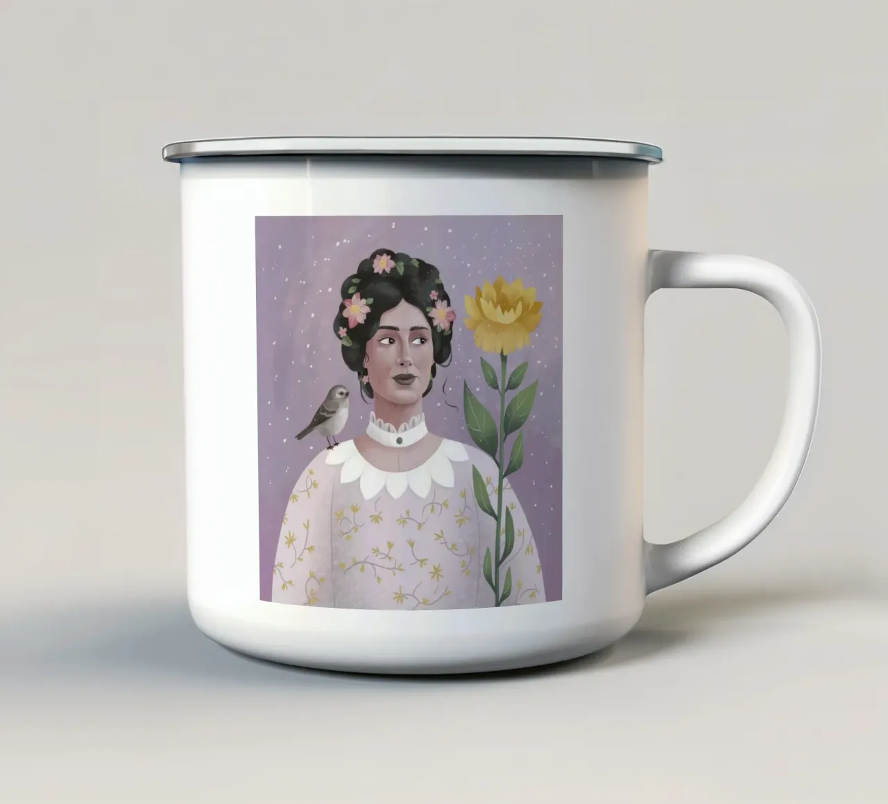 Donna con uccello e fiori tazza in smalto da Hollow Years