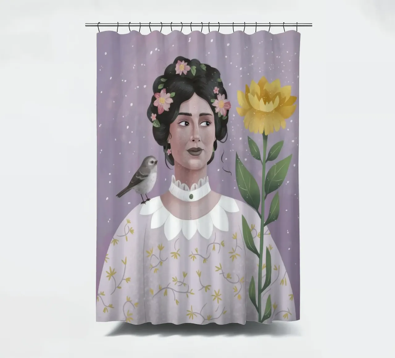 Donna con uccello e fiori tenda da doccia da Hollow Years