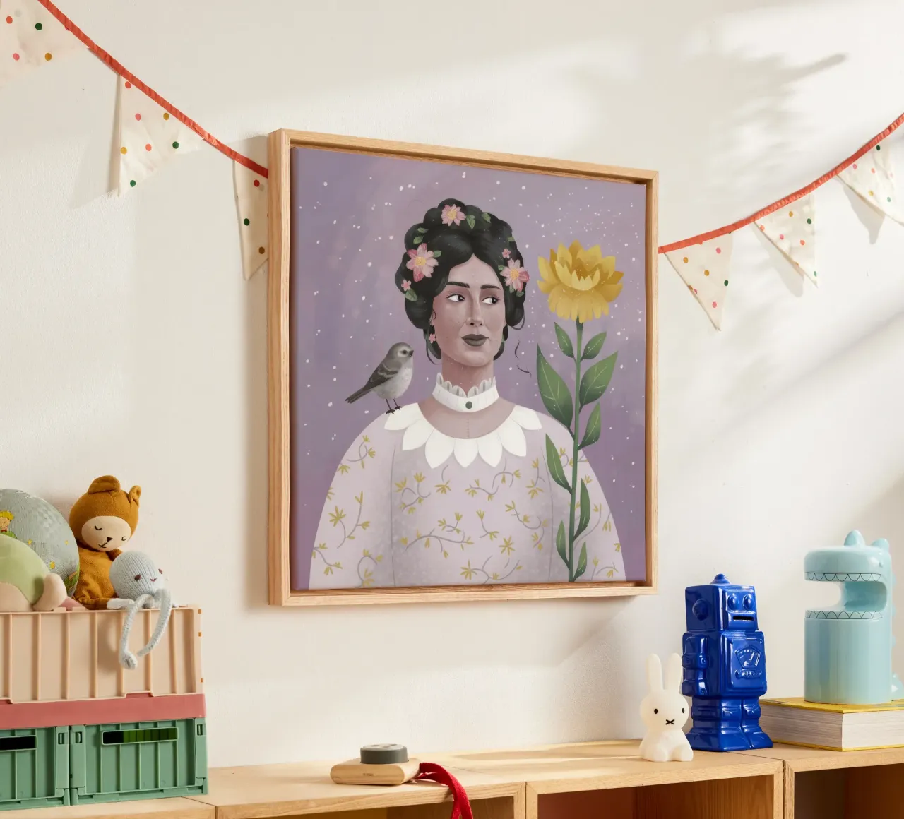 Donna con uccello e fiori tela con Cornice a cassetta da Hollow Years