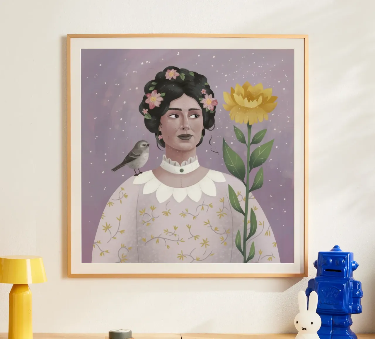 Donna con uccello e fiori carta hahnemühle da Hollow Years