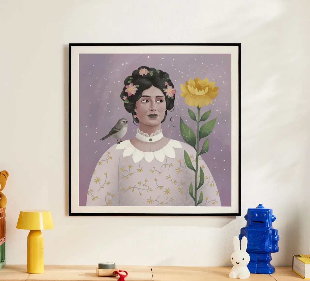 Donna con uccello e fiori carta hahnemühle da Hollow Years