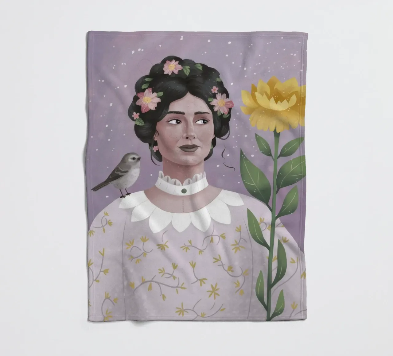 Donna con uccello e fiori coperta in pile da Hollow Years