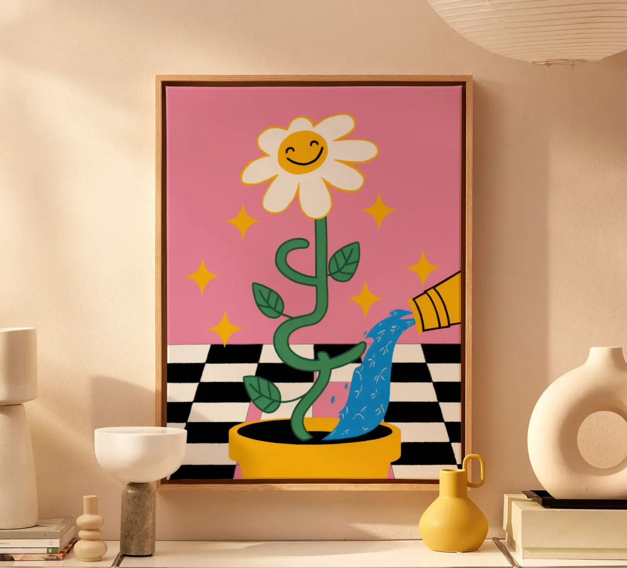 Checkered Daisy Cat canvas with Floater frame by Lune Dreams