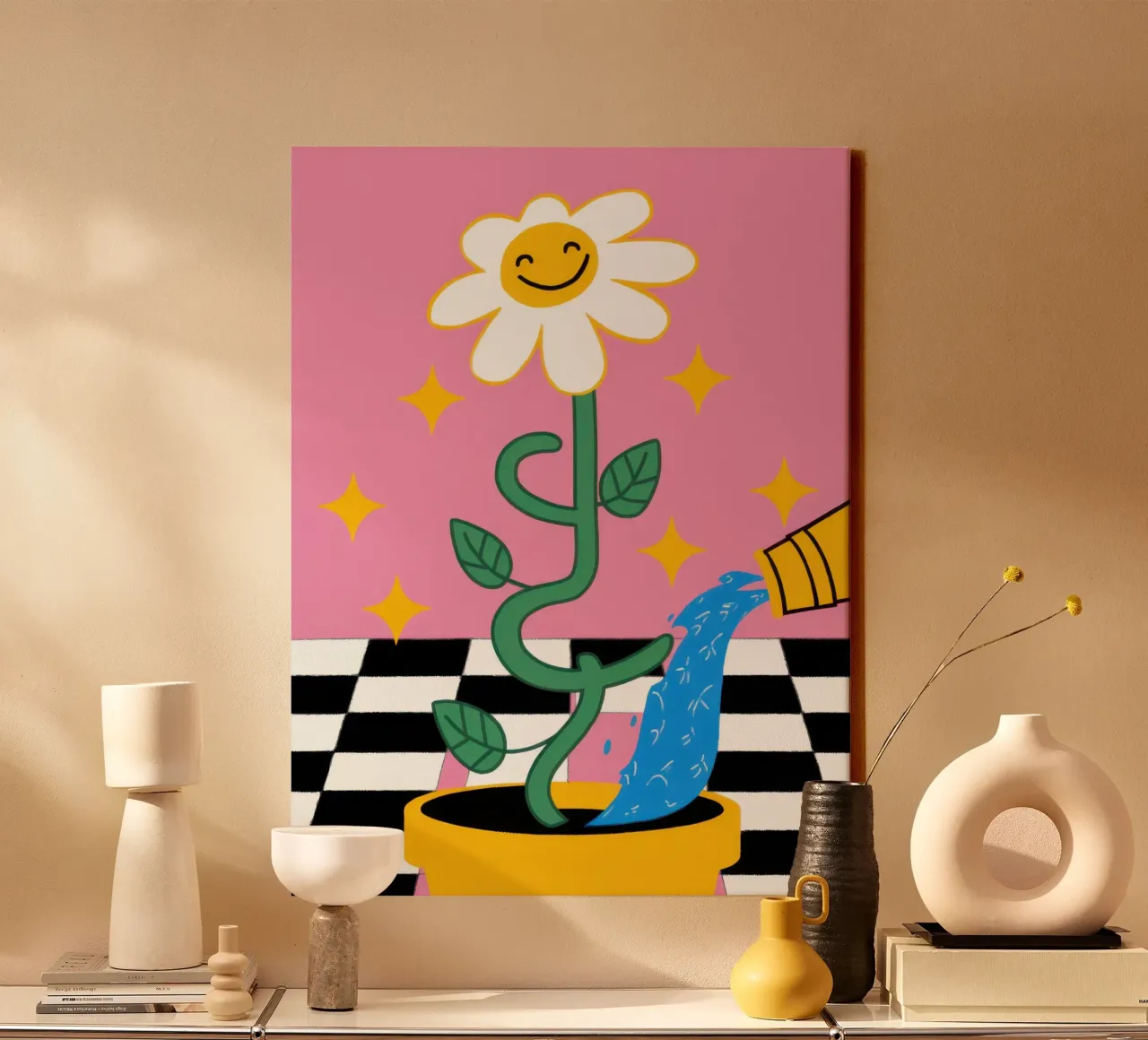Checkered Daisy Cat canvas with Floater frame by Lune Dreams