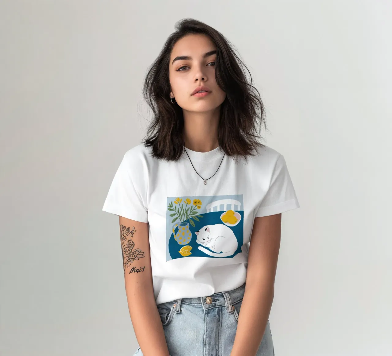 Cat on a White Table t-shirt by Hollow Years