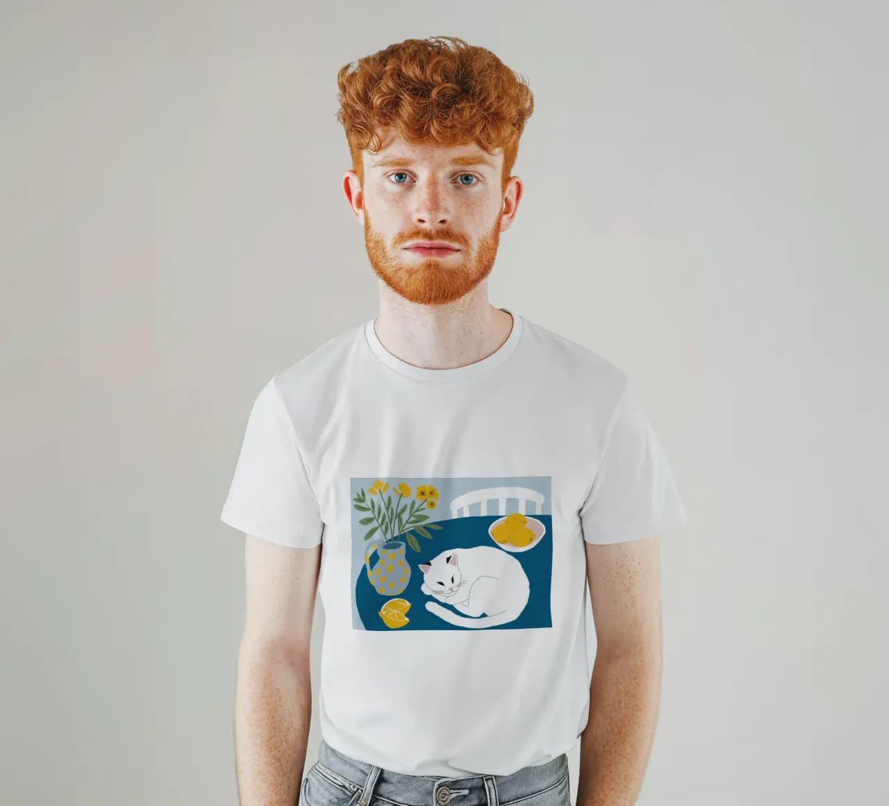 Cat on a White Table t-shirt by Hollow Years