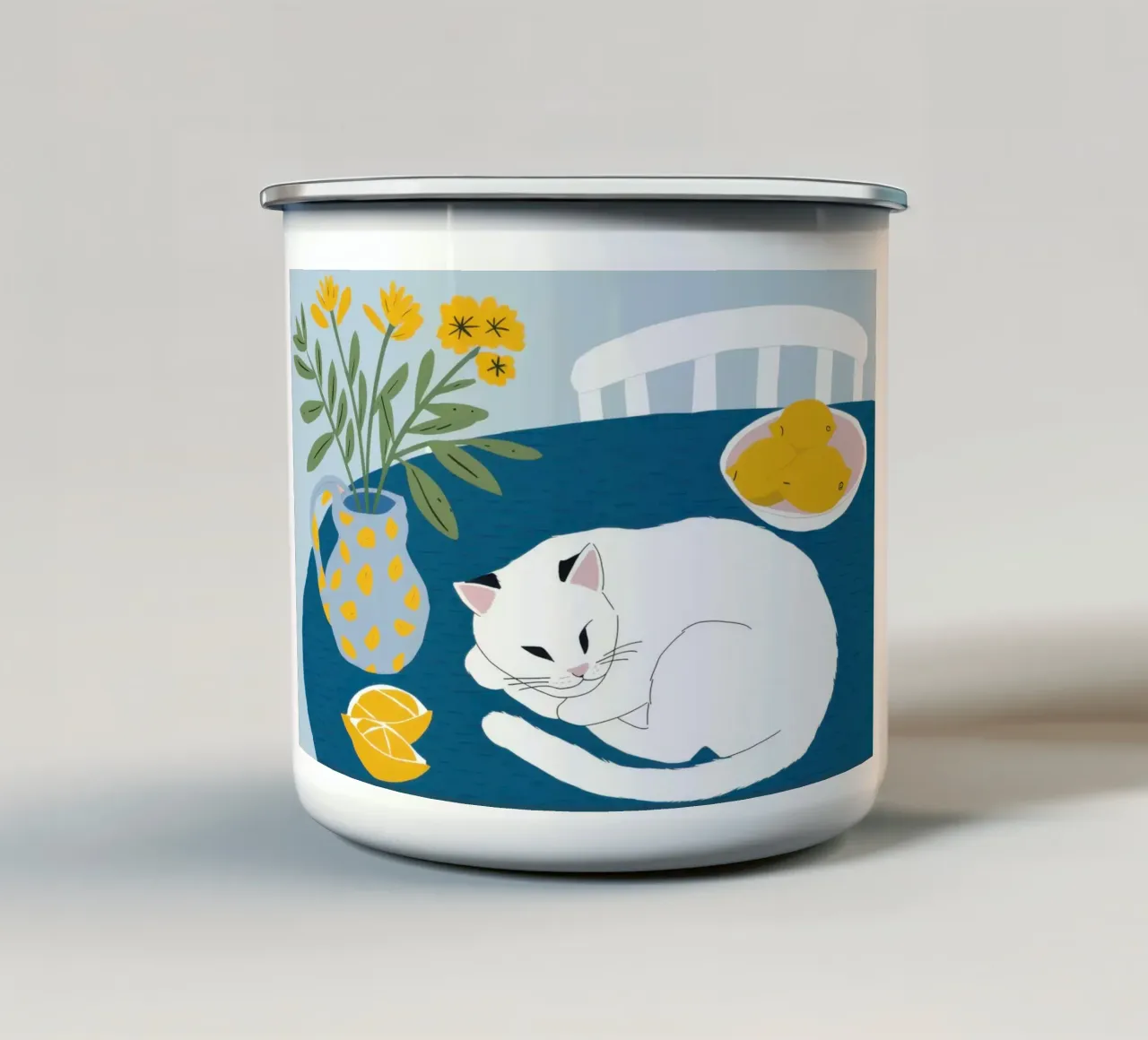 Gatto su tavolo bianco tazza in smalto da Hollow Years