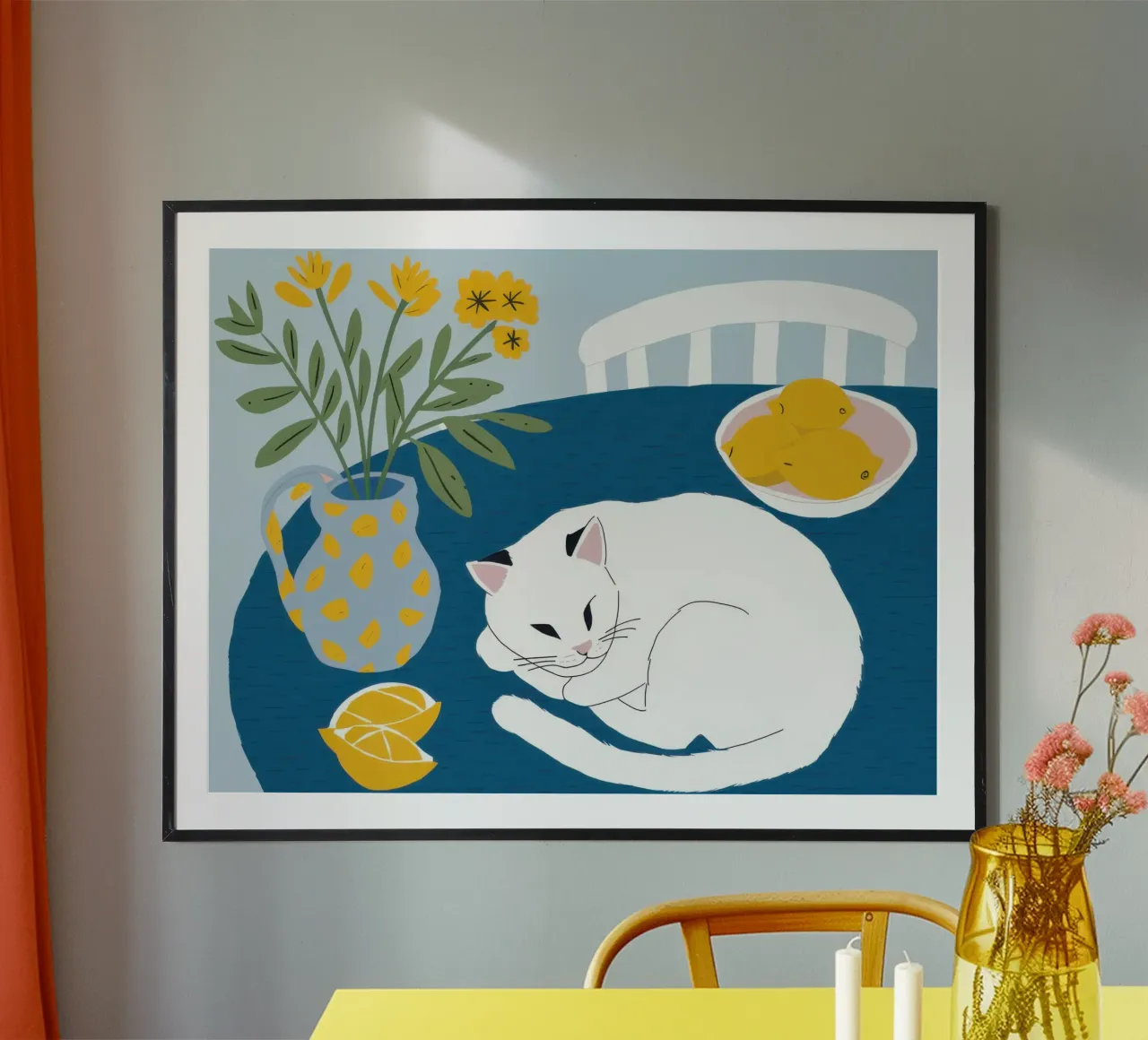 Gatto su tavolo bianco poster con telaio in plastica da Hollow Years