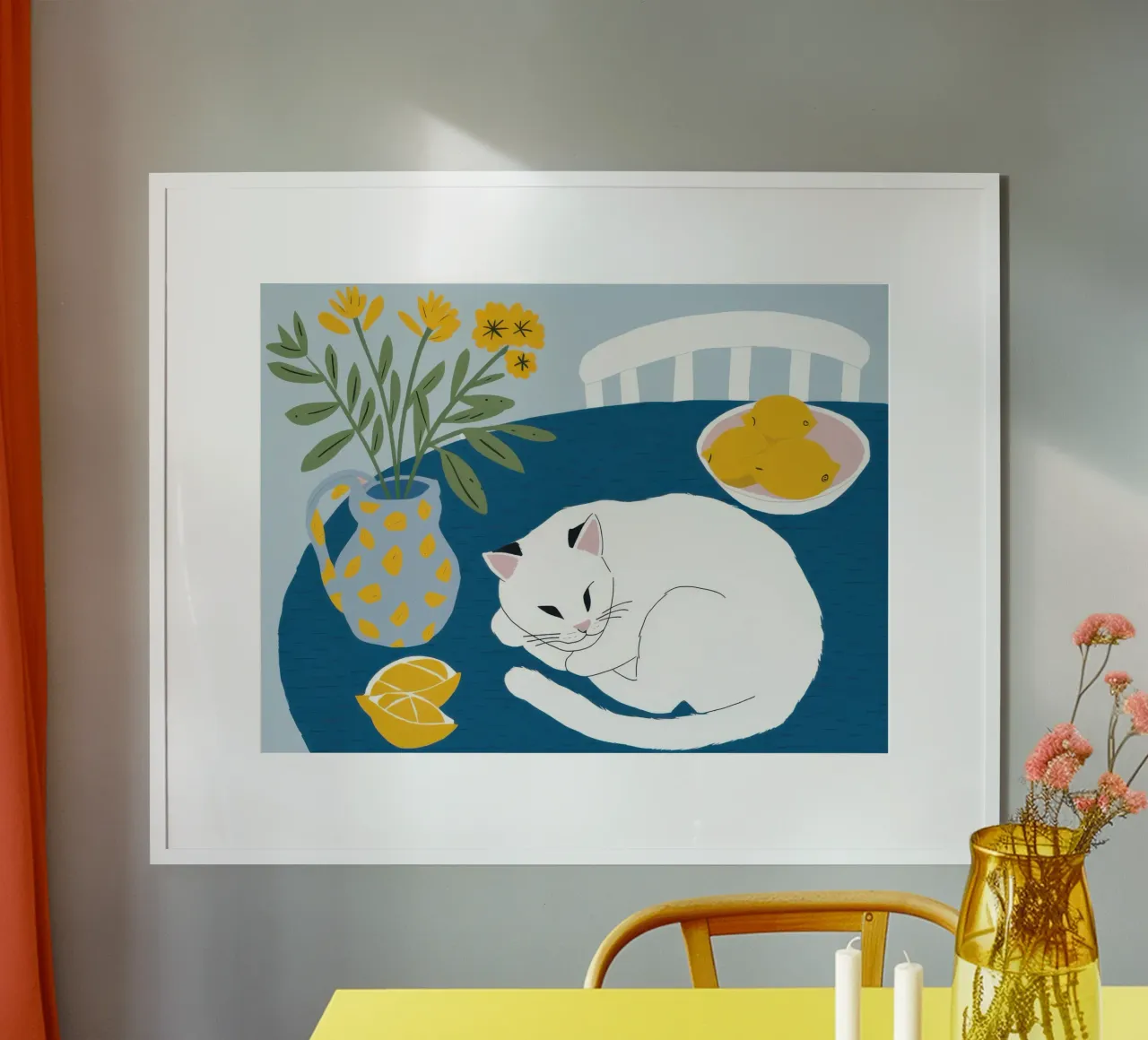 Gatto su tavolo bianco poster con telaio in plastica da Hollow Years