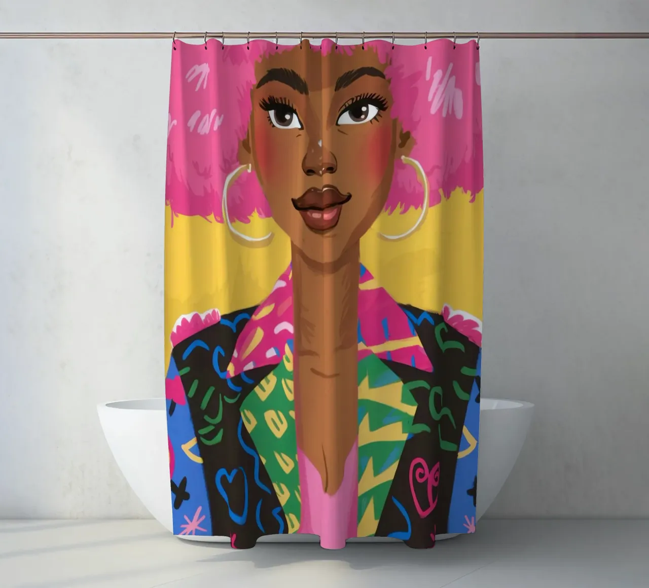 Pink Afro Heartbreaker shower curtain by Sentinel Glow