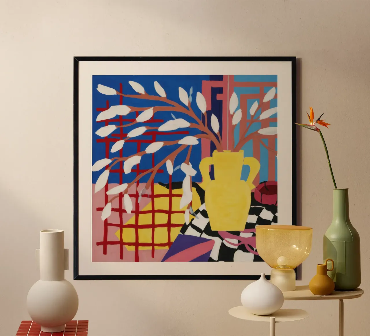 Vaso giallo gestuale poster con telaio in alluminio da Arcane Lines