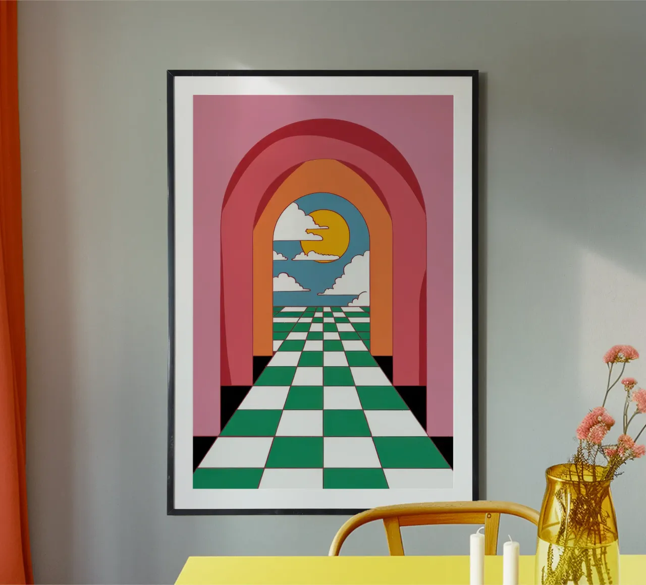 Il sentiero a scacchi verso il tramonto poster con telaio in plastica da Mossy Pigment