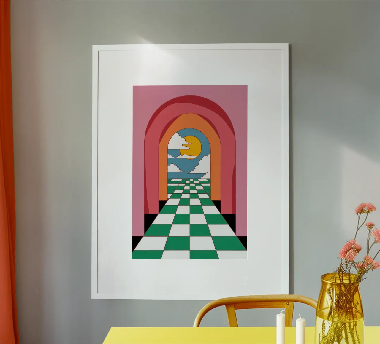 Il sentiero a scacchi verso il tramonto poster con telaio in plastica da Mossy Pigment