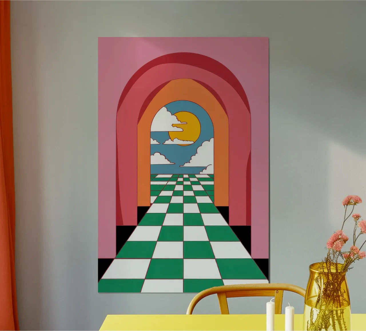 Il sentiero a scacchi verso il tramonto poster con telaio in plastica da Mossy Pigment