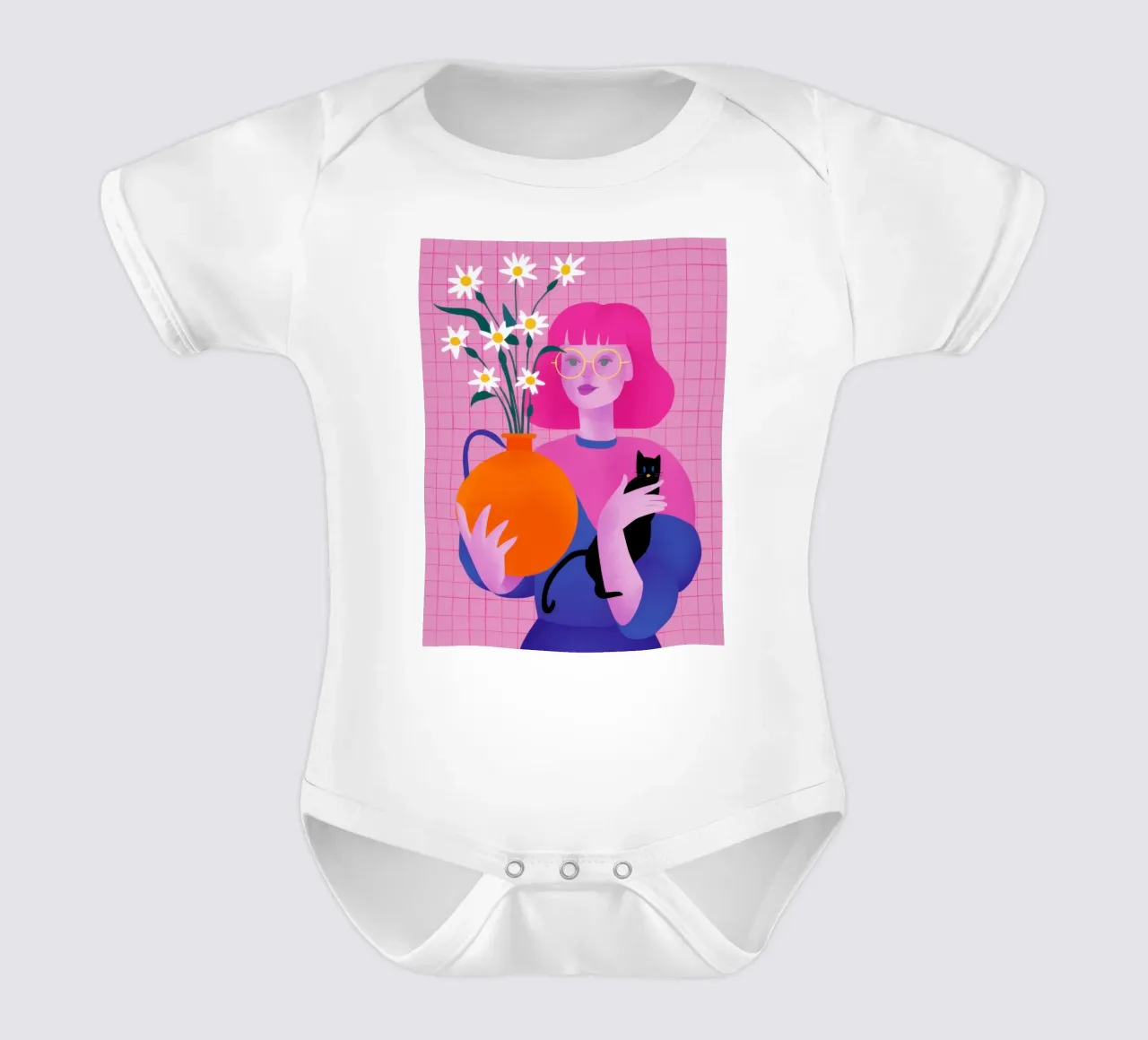 Pink Hair Black Cat short-sleeve baby romper by Sentinel Glow