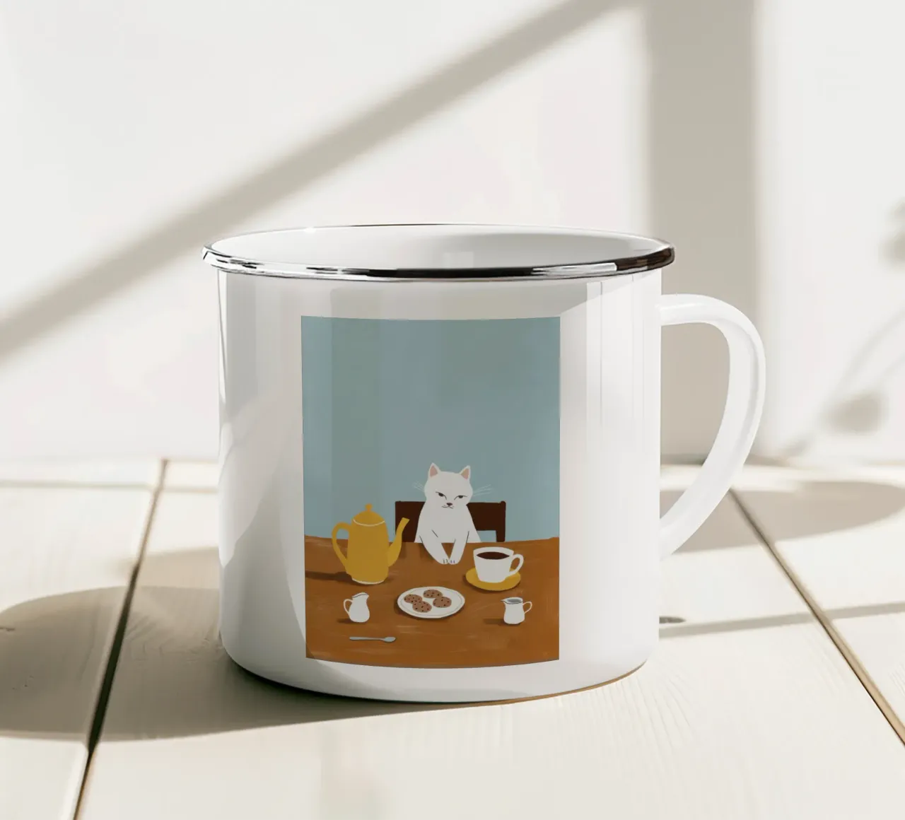 Colazione felina birichina tazza in smalto da Mossy Pigment