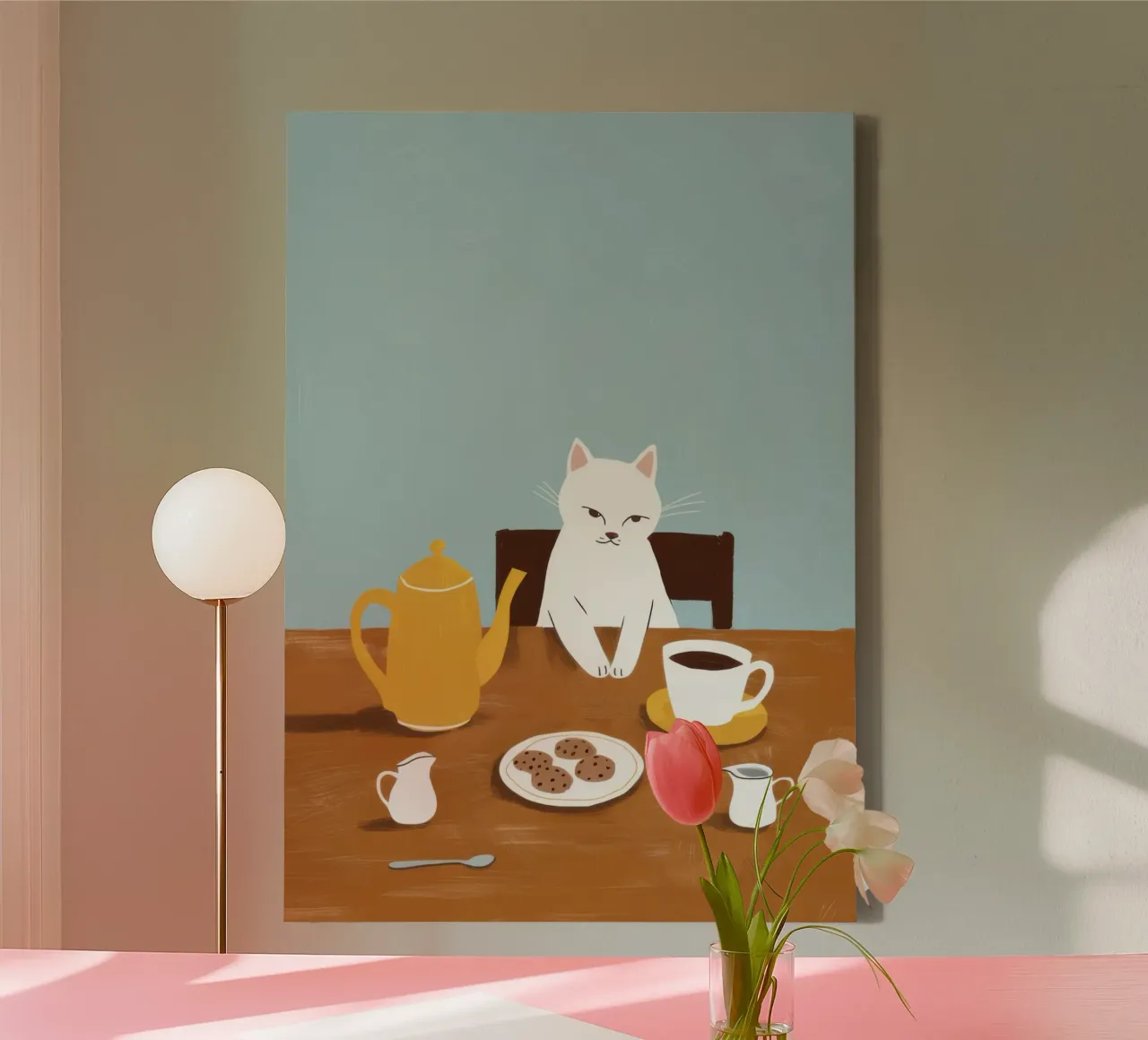 Mischievous Breakfast Feline canvas by Mossy Pigment