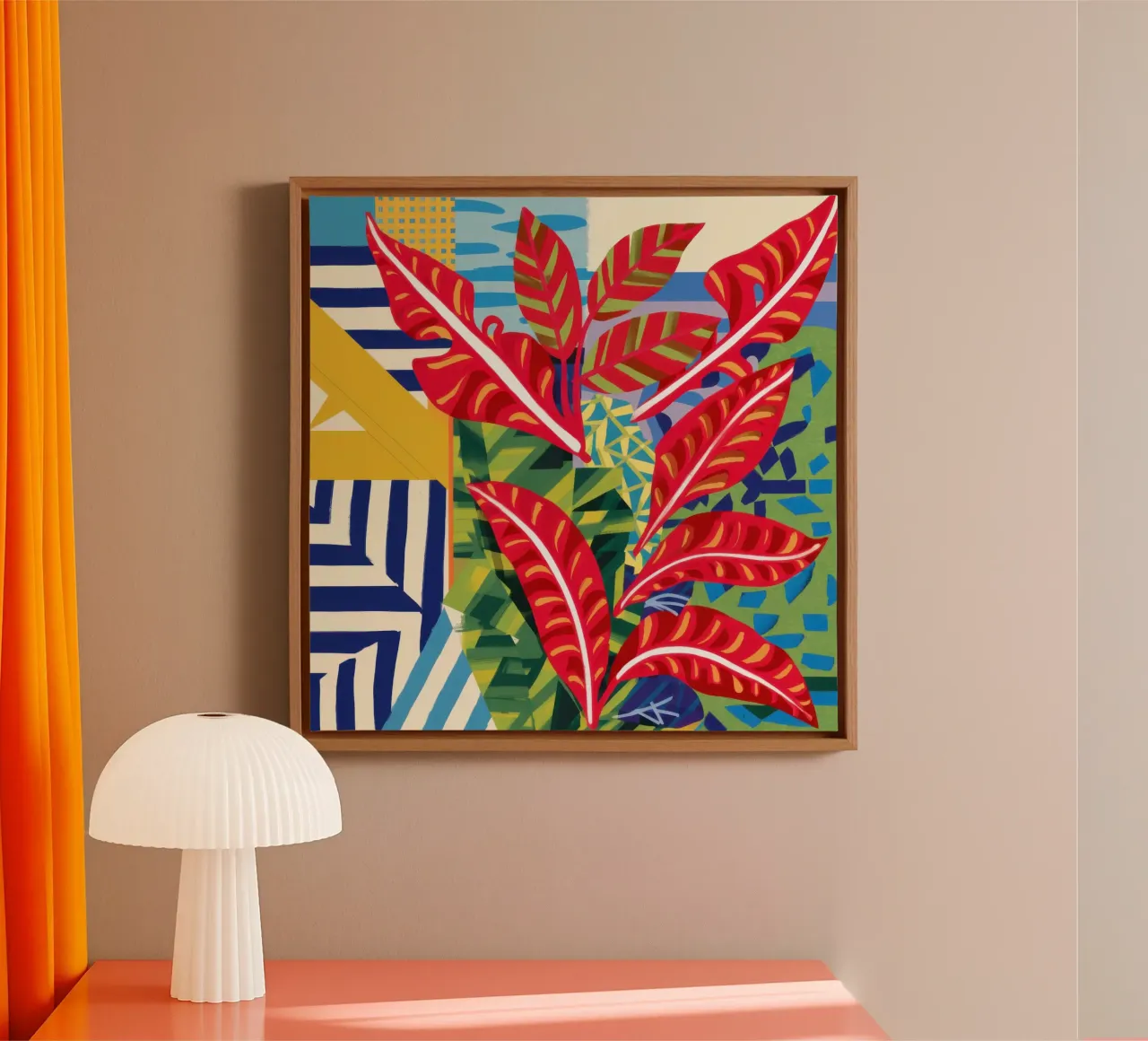 Karmijnrood blad Contrast canvas met Baklijst van Arcane Lines