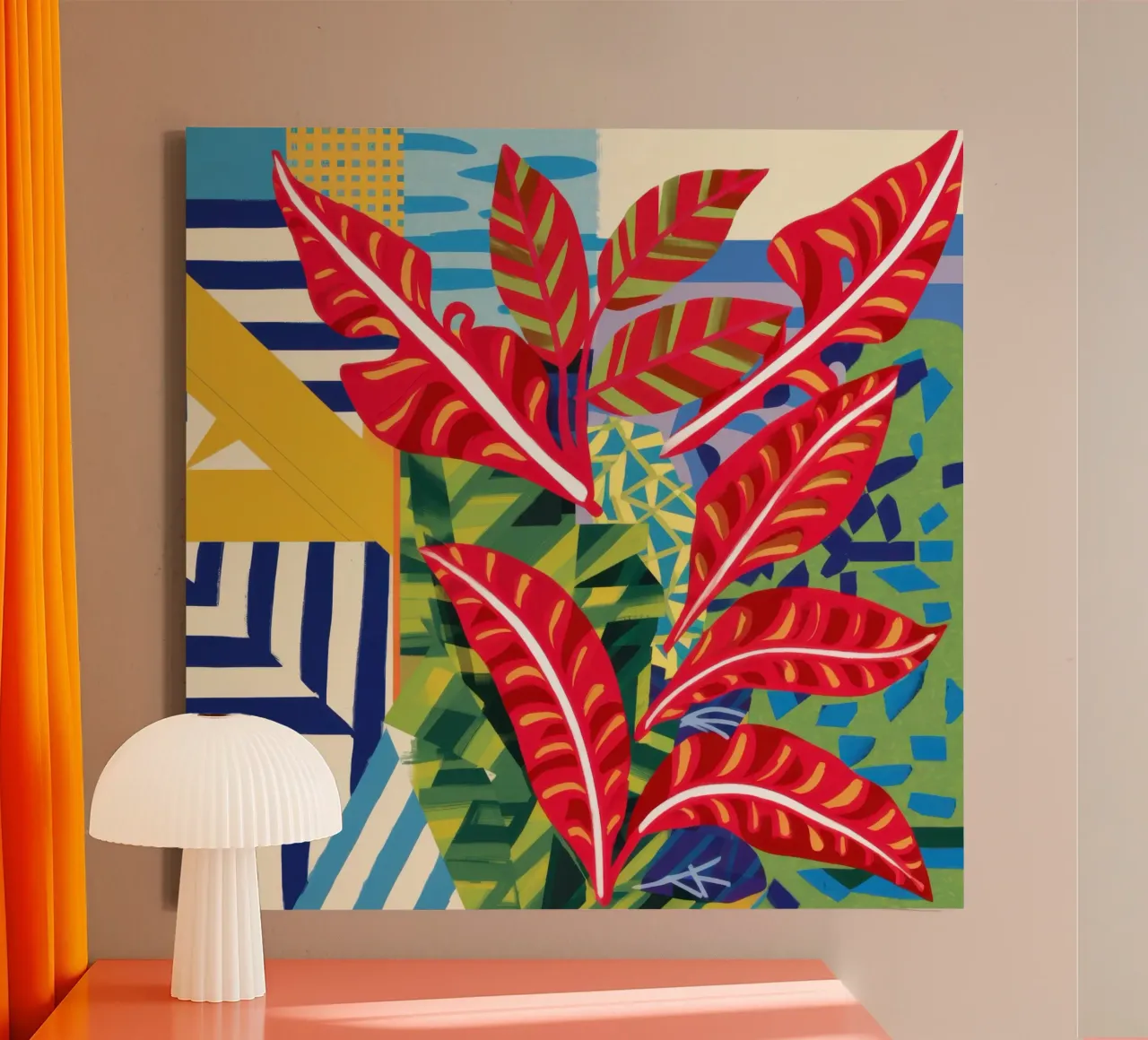 Karmijnrood blad Contrast canvas met Baklijst van Arcane Lines