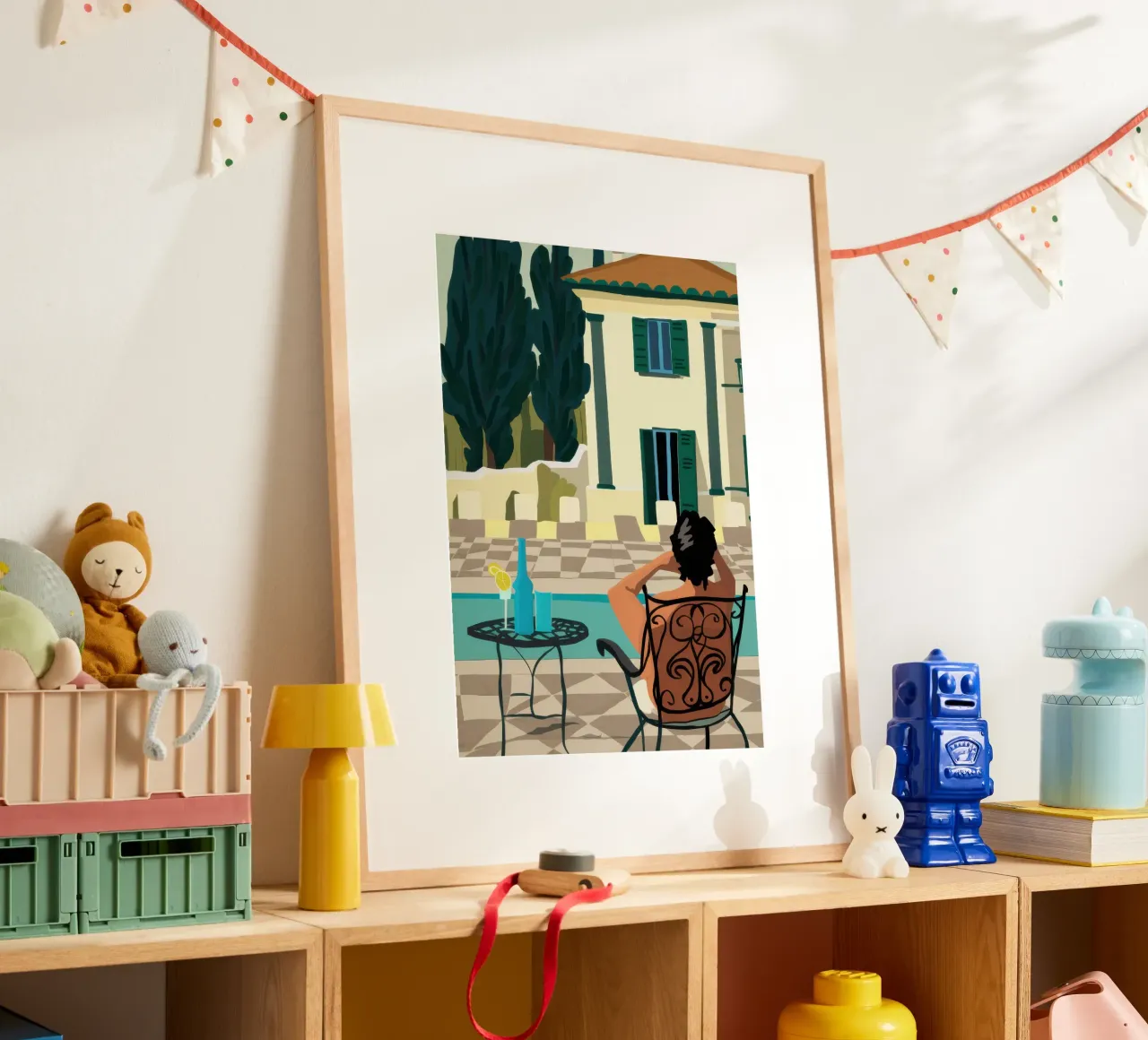 Terrace Siesta Serenity poster con telaio in plastica da Mossy Pigment