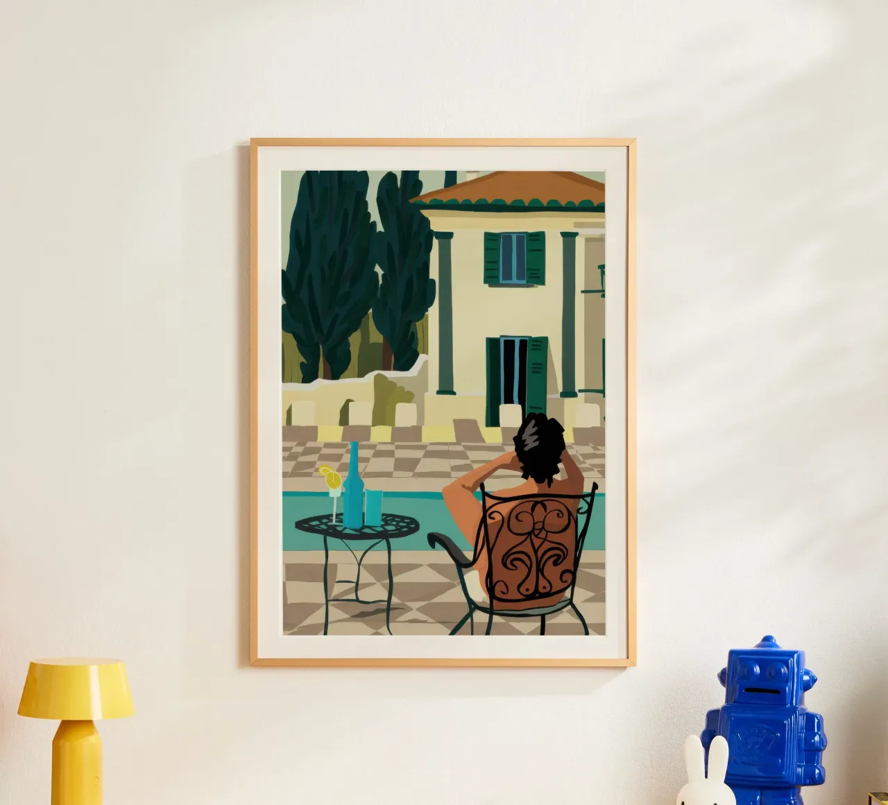 Terrace Siesta Serenity poster con telaio in plastica da Mossy Pigment