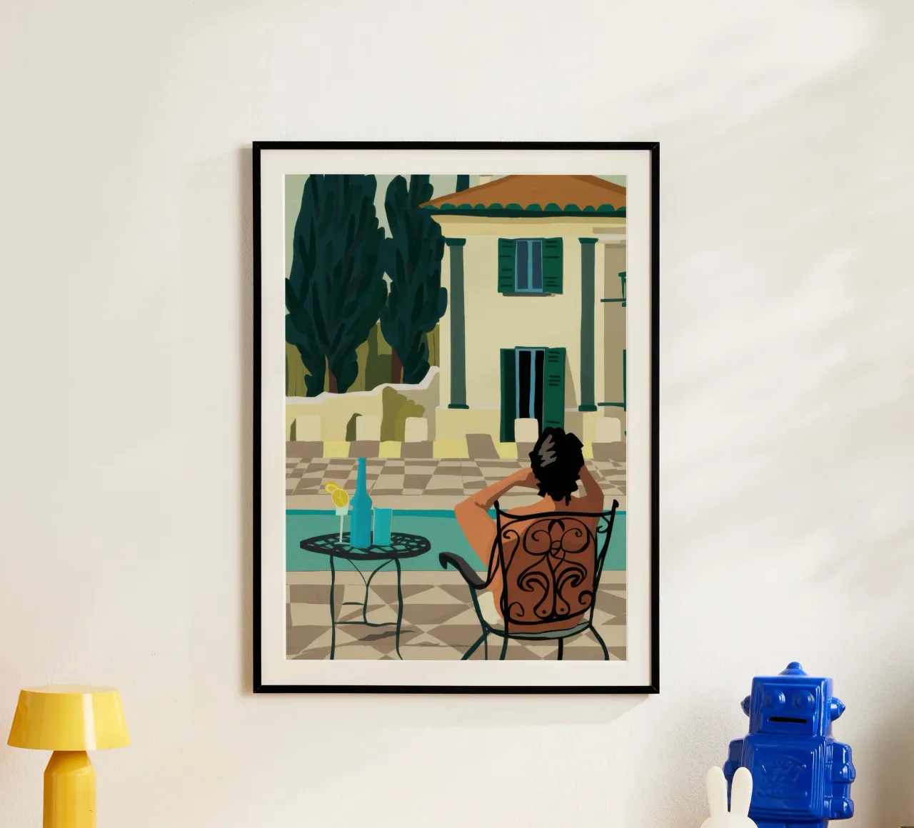 Terrace Siesta Serenity poster con telaio in plastica da Mossy Pigment